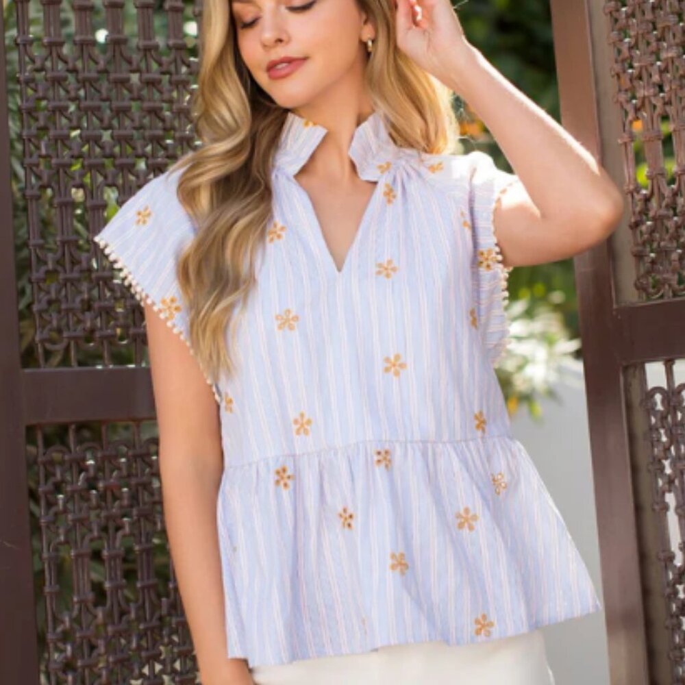 THML Light Blue Striped Peplum Top with Yellow Floral Embroidery